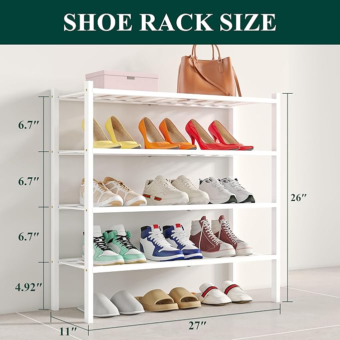 Smiry Shoe Rack, 4 Tier Bamboo Shoe Organizer, Stackable Free Standing Wooden Shoe Storage Shelf for Closet, Entryway, Front Door Entrance, White