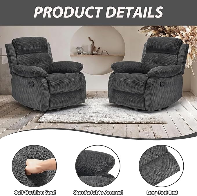 Swivel Rocker Recliner with 360 Degree Swivel, Small Recliners with 30 Degree, 90-150 Degree Angle, Lift Chair for Home Theater Seating, Adults, Living Room, Bedroom, Nursery, Dark Gray