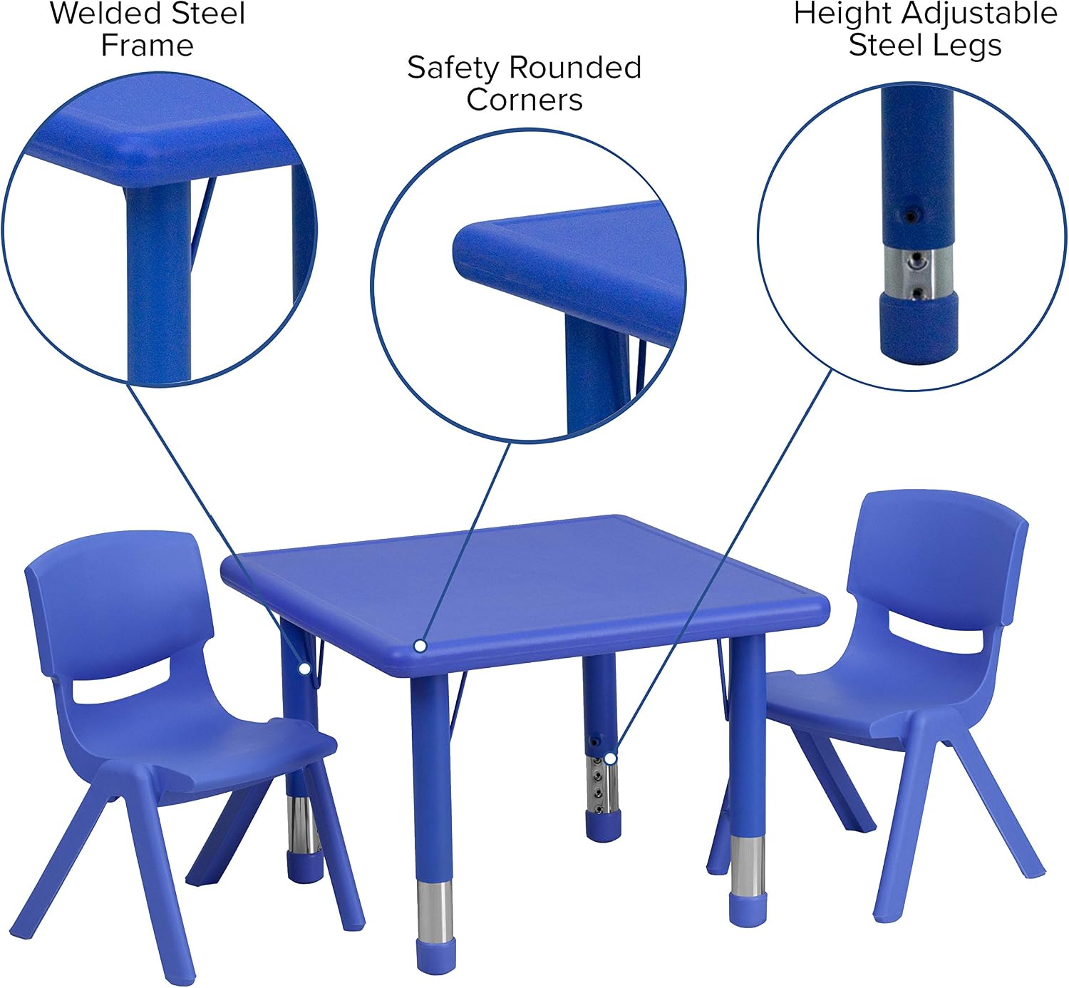 Flash Furniture Emmy 24'' Square Blue Plastic Height Adjustable Activity Table Set with 2 Chairs