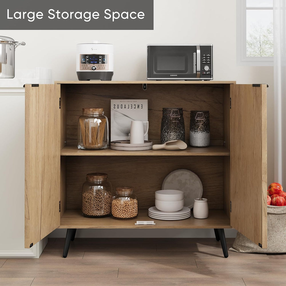 Smuxee Fluted Sideboard Cabinet, Freestanding Natural Buffet Cabinet with Adj...