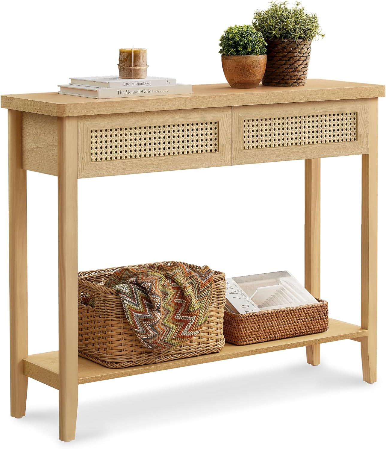 VASAGLE Console Sofa Table, Narrow Entryway Table, 2 Drawers, Open Storage Shelf, Rounded Corners, for Living Room, Boho Style, Oak Beige ULNT016YC01S