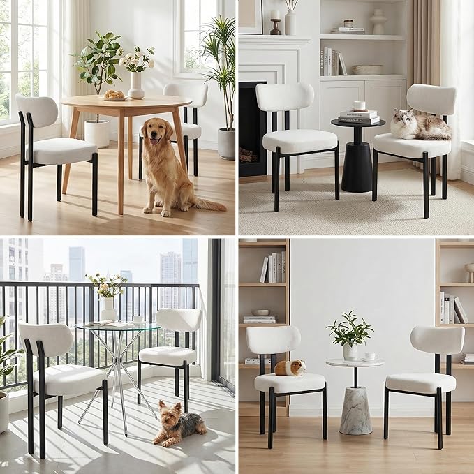 LukeAlon Linen Dining Chairs Set of 4, Modern Upholstered Armless Kitchen Chairs with Black Metal Legs Curved Back Dining Room Chairs Reception Guest Chair for Living Room Office, Light Beige