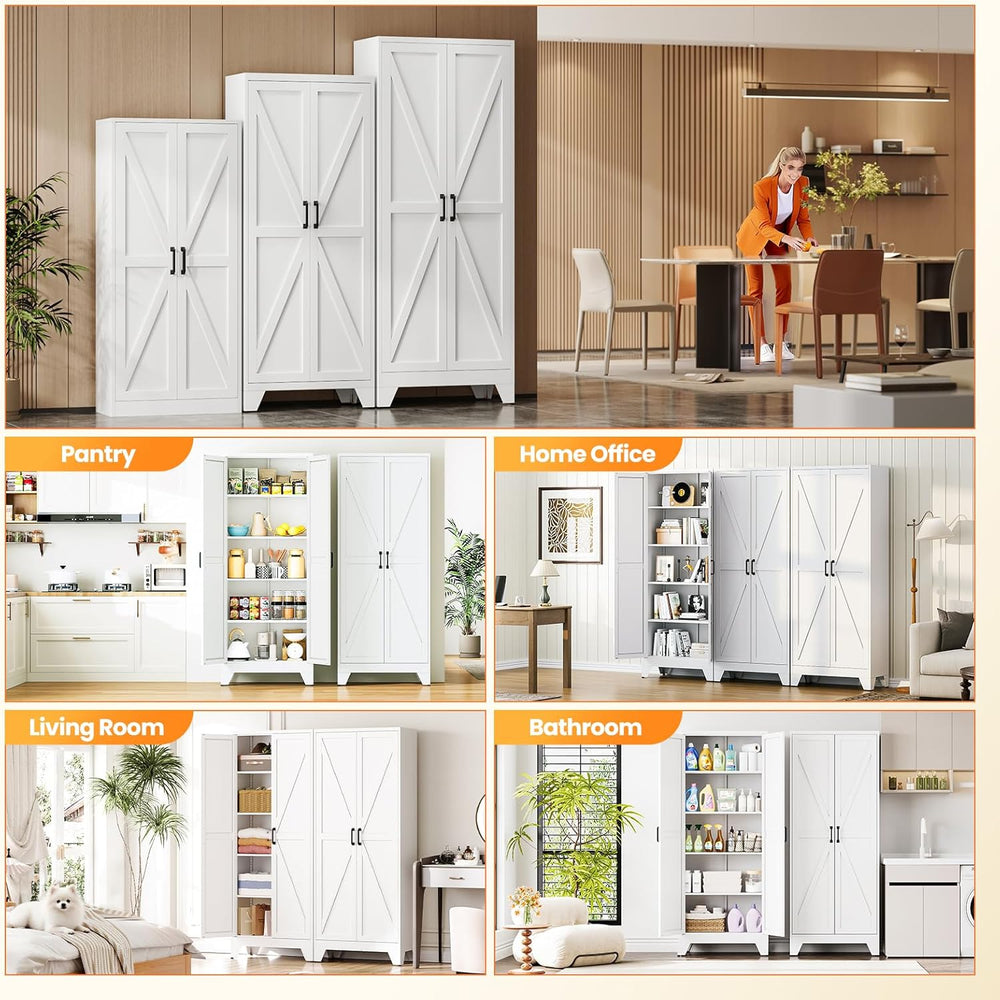 Metal White Storage Cabinet with 2 Doors and 4 Adjustable Shelves, 75" T...