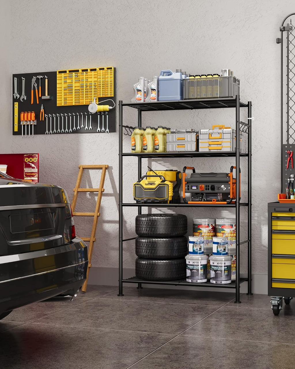 Sakugi Storage Shelves - 4-Tier Spacious Shelf Organizer with Hooks & Leveling Feet, Easy to Assemble, Rust-Resistant Garage Shelving for Kitchen, Pantry, Bedroom, 33.2" x 12.7" x 57.3", Black