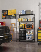 Sakugi Storage Shelves - 4-Tier Spacious Shelf Organizer with Hooks & Leveling Feet, Easy to Assemble, Rust-Resistant Garage Shelving for Kitchen, Pantry, Bedroom, 33.2" x 12.7" x 57.3", Black