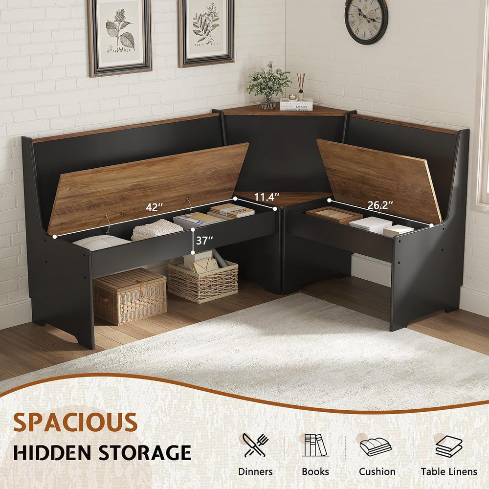 LUXOAK 3-Piece Corner Dining Set with Hidden Storage, Black Oak | Breakfast N...