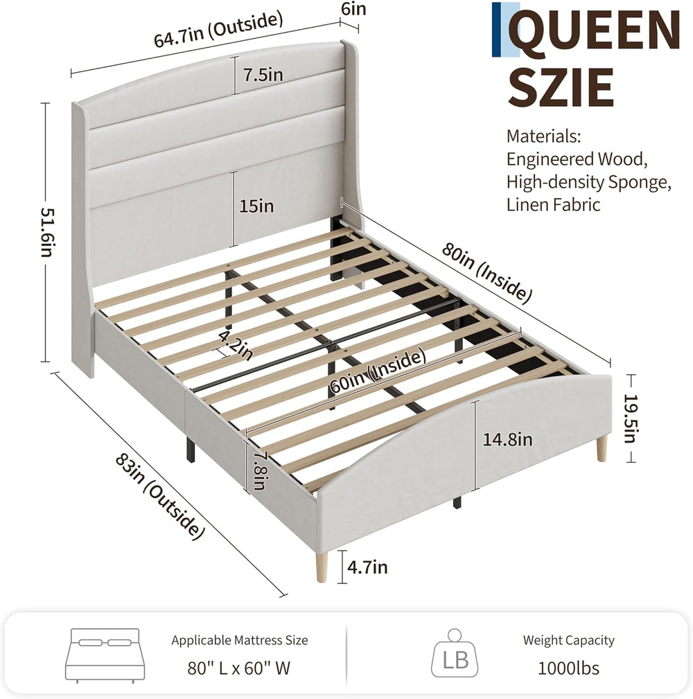Queen Size Bed Frame,Upholstered Platform Bed,Wingback Headboard