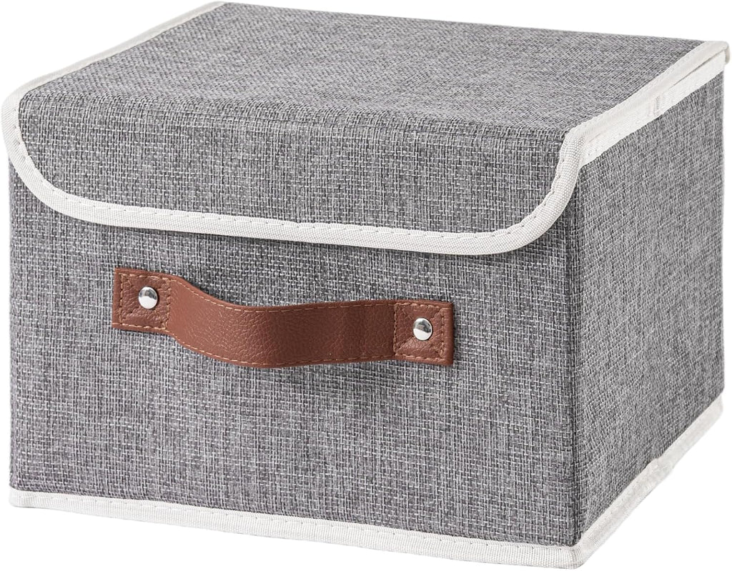 Collapsible Storage Boxes Baskets with Lid Cotton Linen Fabric Storage Bins with Faux Leather Handles Decorative Washable Cube Organizer Container for Home Closet Bedroom (Gray, Small Size)