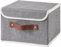 Collapsible Storage Boxes Baskets with Lid Cotton Linen Fabric Storage Bins with Faux Leather Handles Decorative Washable Cube Organizer Container for Home Closet Bedroom (Gray, Small Size)