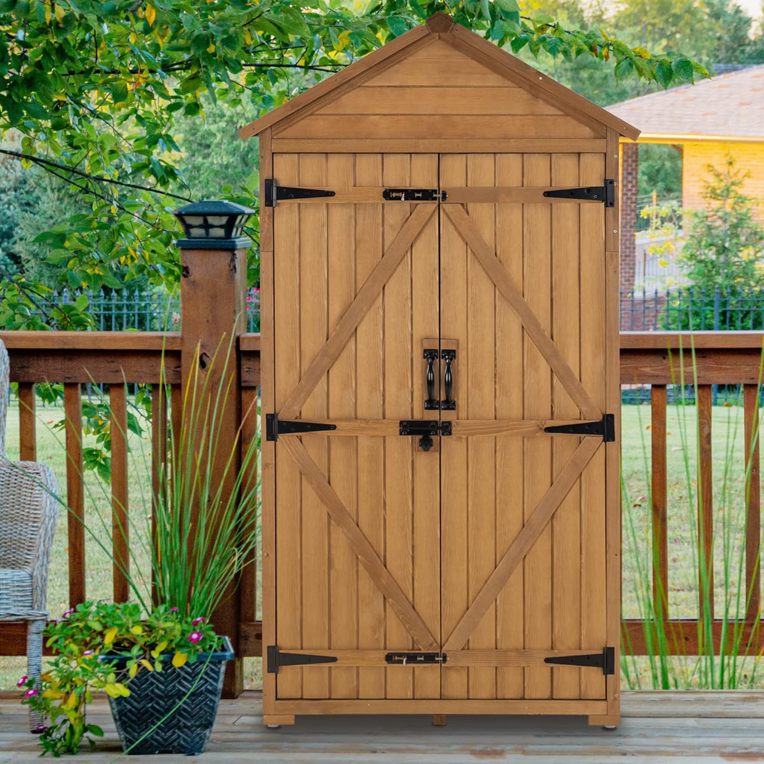 MCombo Outdoor Storage Cabinet with 2 Shelves, Outside Storage Shed with Floor, Wooden Garden Tool Shed with Latch for Yard Deck Lawn, 1000