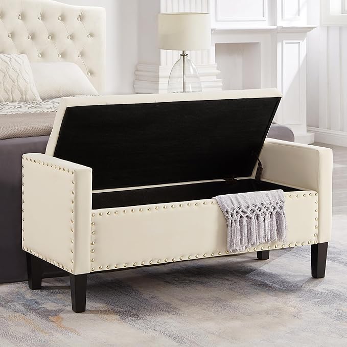 Upholstered Velvet Storage Ottoman Bench with Nail Trims,Soft Padded Seat with Armrest,for Living Room,Bedroom,Entryway,Easy to Assemble,Cream