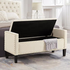Upholstered Velvet Storage Ottoman Bench with Nail Trims,Soft Padded Seat with Armrest,for Living Room,Bedroom,Entryway,Easy to Assemble,Cream