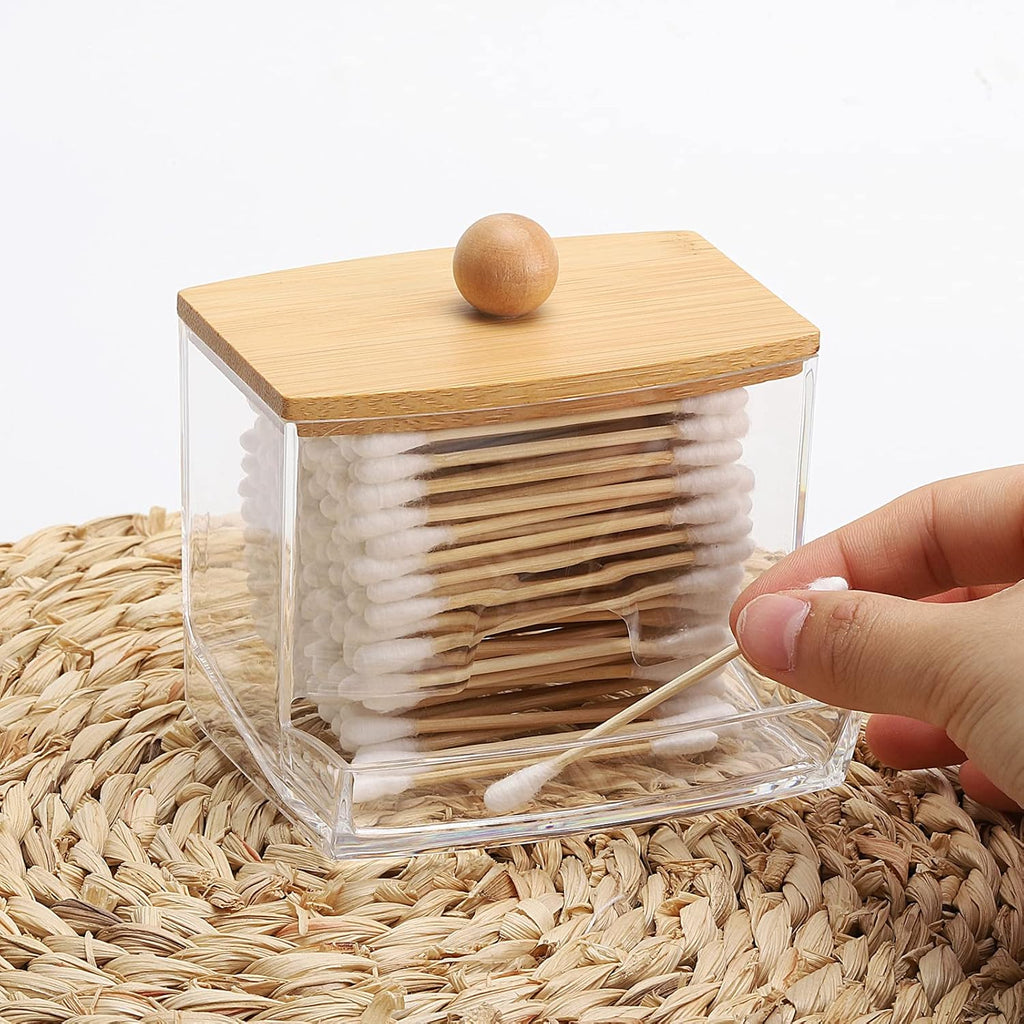 Tbestmax 2 Pack 10oz Qtip Holder Dispenser with Bamboo Lids, Big Clear Bathroom Organizer Accessories Decor for Storage-Qtips Cotton Ball Holder Apothecary Jars, Cotton Swabs, Floss Container