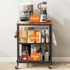 Homleke 3-Tier Rolling Kitchen Microwave Cart, Kitchen Utility Cart on Lockable Wheels, Coffee Bar Table Station with 6 S-Shaped Hooks, Small Appliance Storage Shelf, Rustic Brown and Black
