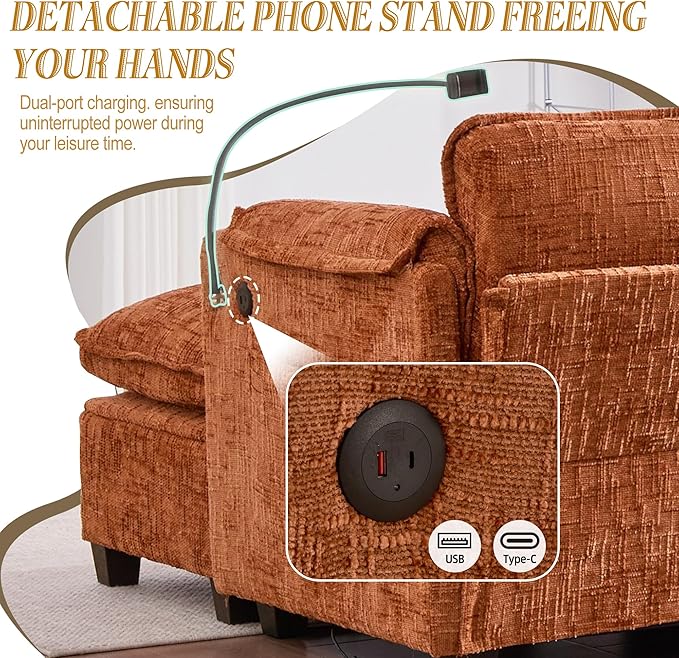 Ball & Cast 109" Oversized Sectional Sofa,Comfy Cloud Couch W/Movable Storage Ottoman,L Shaped Sectional Sofa W/USB Charging Port,Phone Holder&Side Pocke,Chenille Fabric,for Living Room,Orange