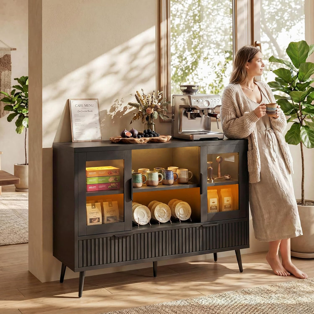 44" Sideboard Buffet Cabinet with Storage, Smart LED Lights Coffee Bar C...