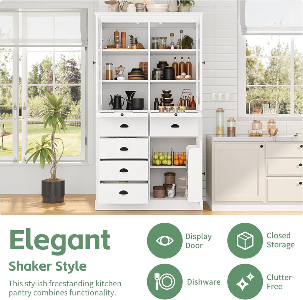 Vintage 72" Freestanding Kitchen Pantry with Glass Doors, Coffee Bar Sta...