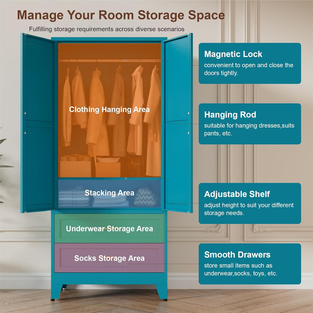 71" Tall Metal Wardrobe Cabinet with 2 Drawers and Hanging Rod, 2 Doors Armoire Wardrobe Closet with Shelf for Bedroom, Office, Laundry Room, Blue