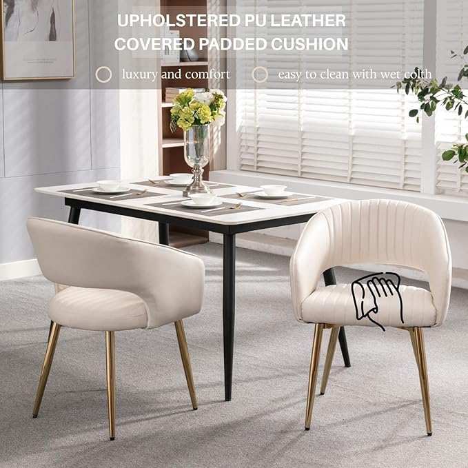 Faux Leather Dining Chairs Gold Legs, Modern Cream PU Leather Dining Room Chairs with Arms Set of 2 Upholstered Accent Chair Armchair with Barrel Back for Kitchen Living Room