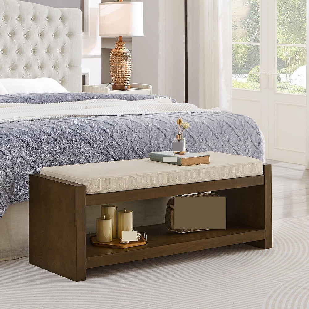 Modern Compact Bed End Bench, Accent Bench with Lower Shelf Shoe Rack, for Li...
