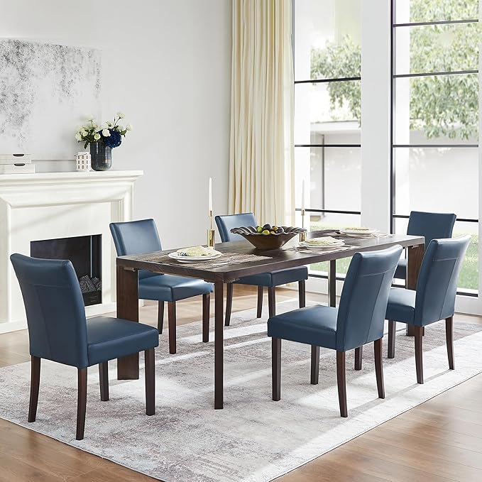 Watson & Whitely Upholstered Dining Chairs Set of 4, Faux Leather Armless Dining Room Chairs with Solid Wood Legs & Back Side Chair for Kitchen, Living Room, Restaurant, Blue
