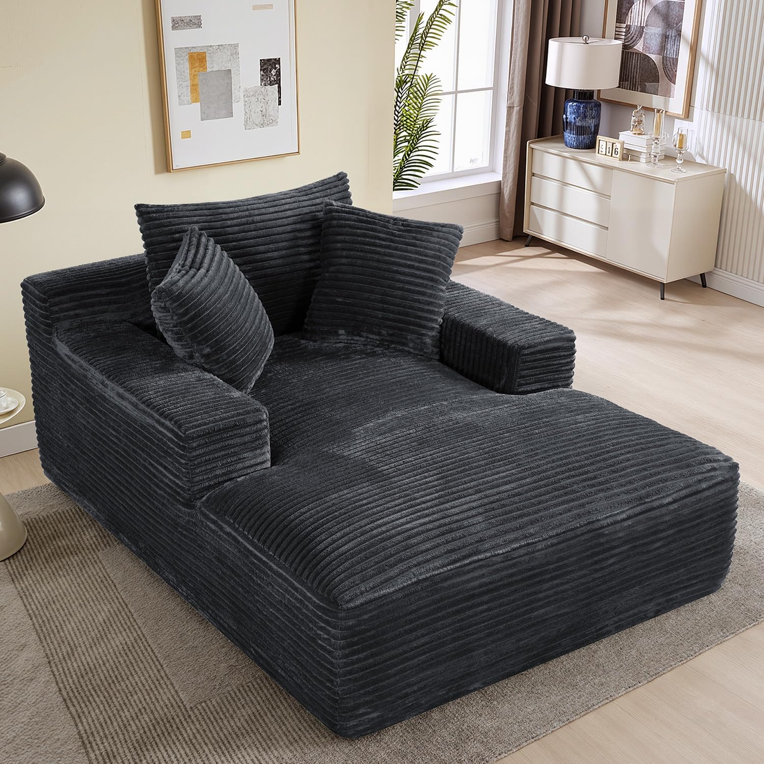 50" x 68" Corduroy Chaise Lounge, Boneless Sofa Bed, Dark Gray | Oversized corduroy chaise with a deep boneless seat, sleeper design, and 3 pillows for reading, lounging.