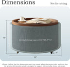 Round Storage Ottoman Coffee Table with Walnut Tray, 30'' Round Ottoman with Storage, Modern Upholstered Coffee Table with with 4 Casters for Living Room, Linen Fabric, Light Blue