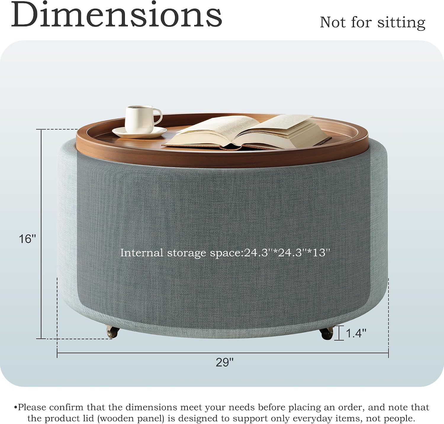 Round Storage Ottoman Coffee Table with Walnut Tray, 30'' Round Ottoman with Storage, Modern Upholstered Coffee Table with with 4 Casters for Living Room, Linen Fabric, Light Blue