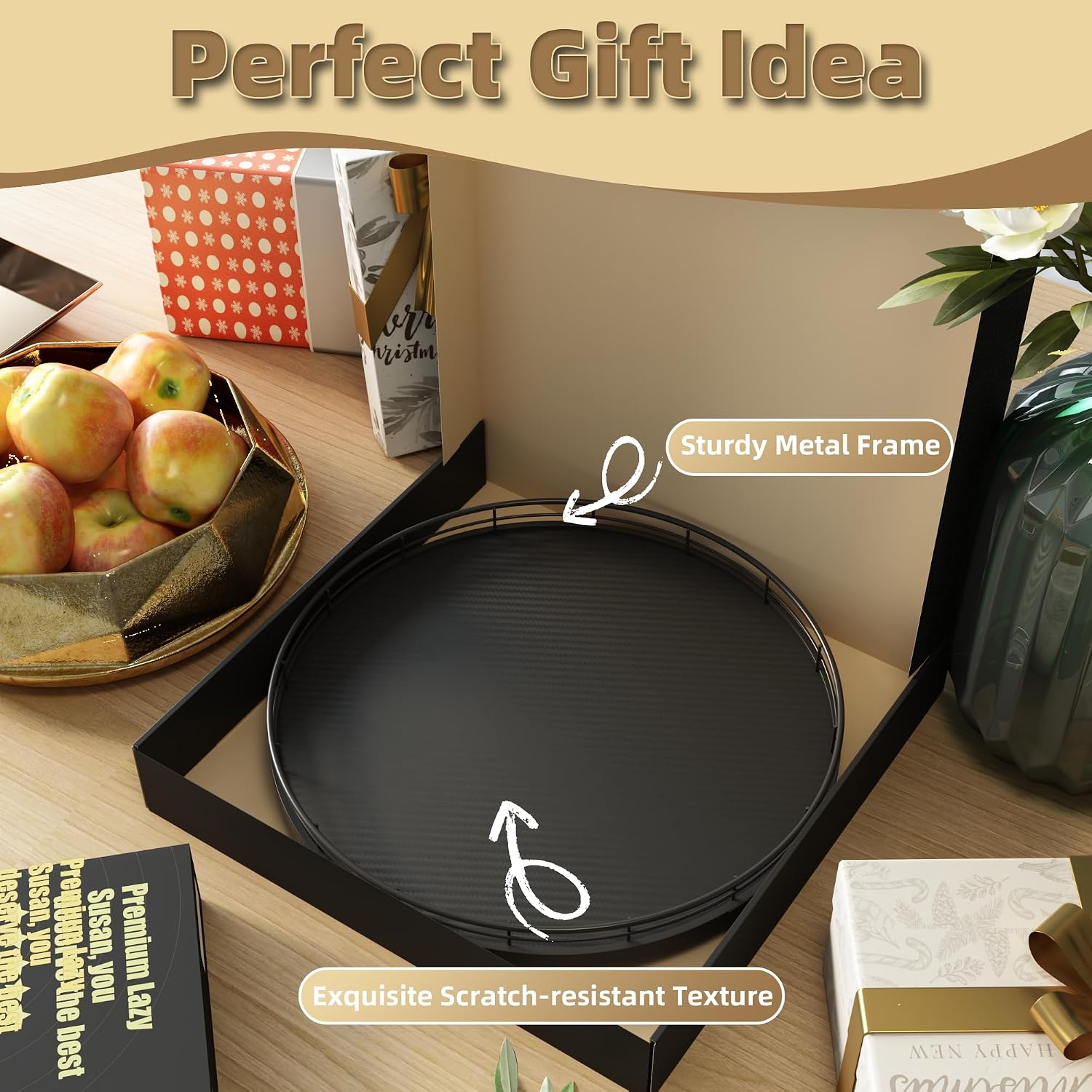 13" Lazy Susan Turntable Organizer for Table Top, Round Wooden Lazy Susan for Cabinet Kitchen Decor Centerpieces Coffee Table, Storage Condiments Spices, Bathroom Vanity Tray for Soap, Black