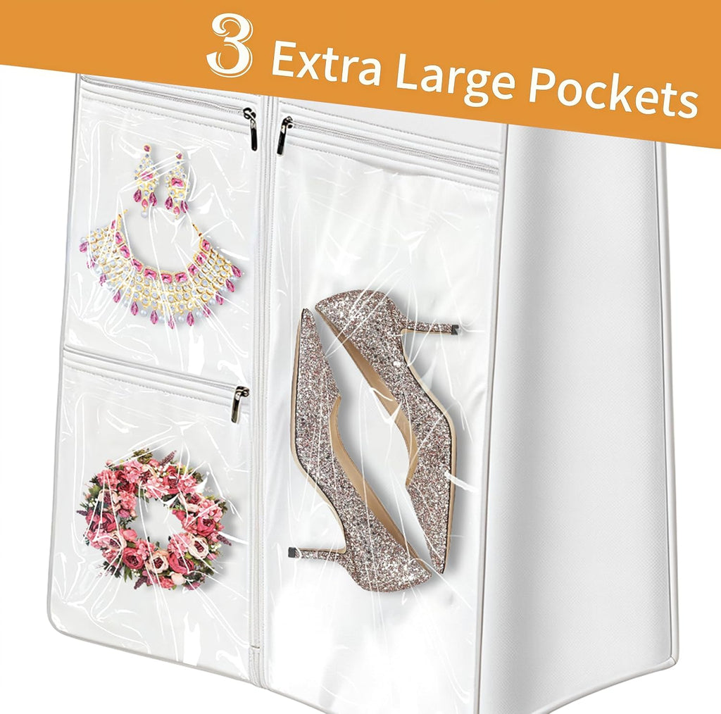 72" Dress Bag for Long Dress for Gowns Wedding Dress Quinceanera Dress Sweet 16 Dress Vestido de 15 años Prom Dress Long 3 Extra Pockets Dress Garment Cover for Women, White