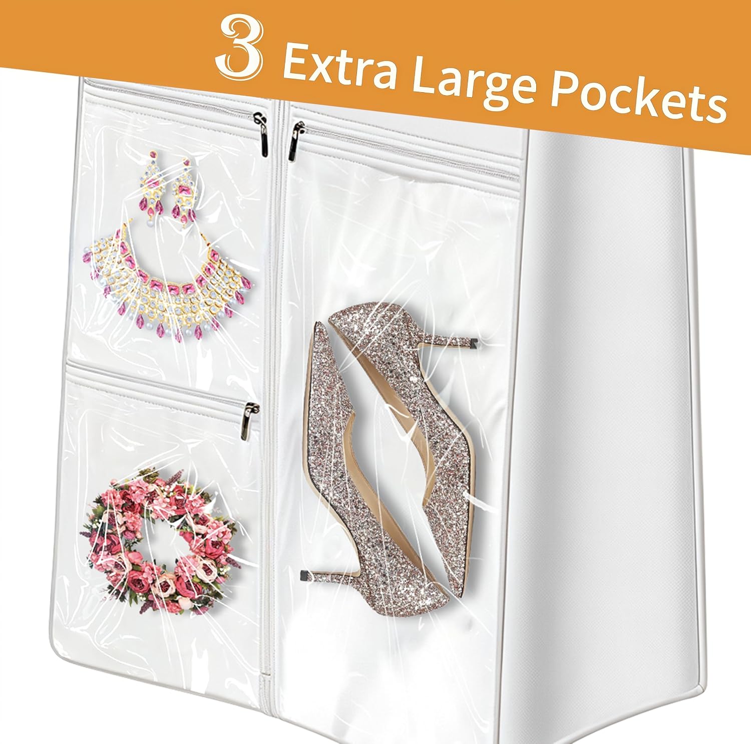 72" Dress Bag for Long Dress for Gowns Wedding Dress Quinceanera Dress Sweet 16 Dress Vestido de 15 años Prom Dress Long 3 Extra Pockets Dress Garment Cover for Women, White