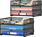 Subekyu 2-Pack 3-Tier Paper Letter Tray Organizer for Desk, Black Metal Mesh File Sorter Organizer with Handle and 1 PC Sliding Tray for Home Office School Desk Supplies Organization Storage