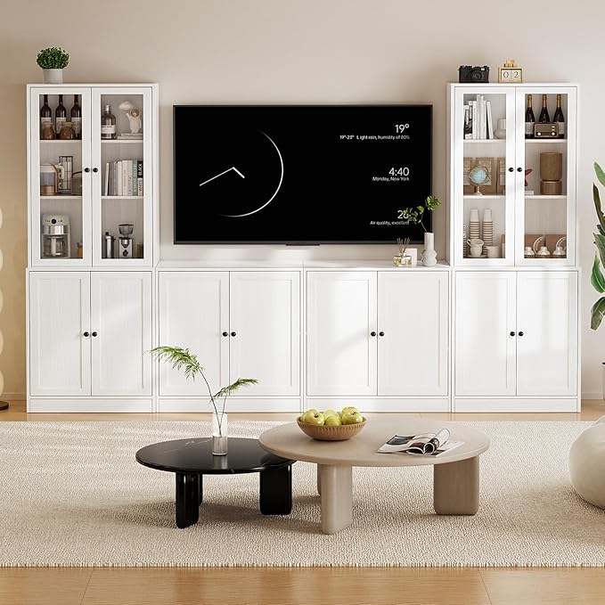 TUSY 71" TV Stand Storage Set - 2 Tall Bookcases & 2 Side Cabinets, Media Console with Glass & Wood Doors, Entertainment Center with Drawers, Tall Media Console for Living Room (White, ACCA)
