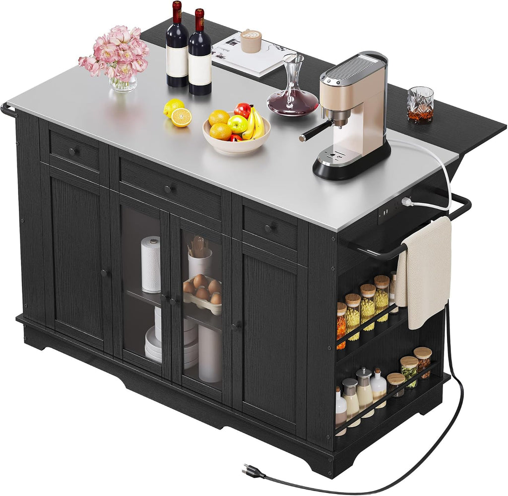 YITAHOME 60 Inch Kitchen Island with Drop Leaf | Mobile Stroage Islands with Stainless Steel Top, Rolling Island Table with Power Outlet, Adjustable Shelves, Spice Rack
