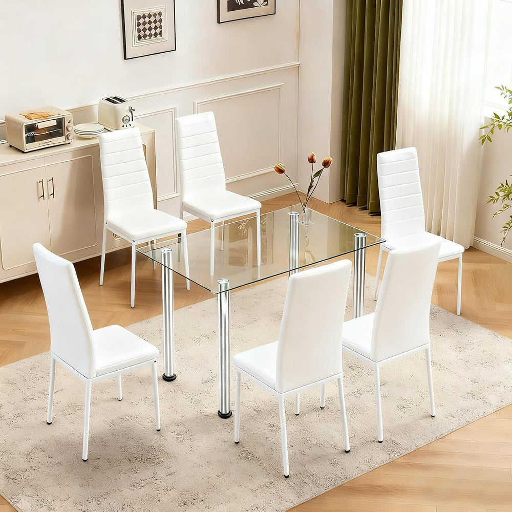 Karl home White Dining Chairs Set of 6, PU Leather & High Back