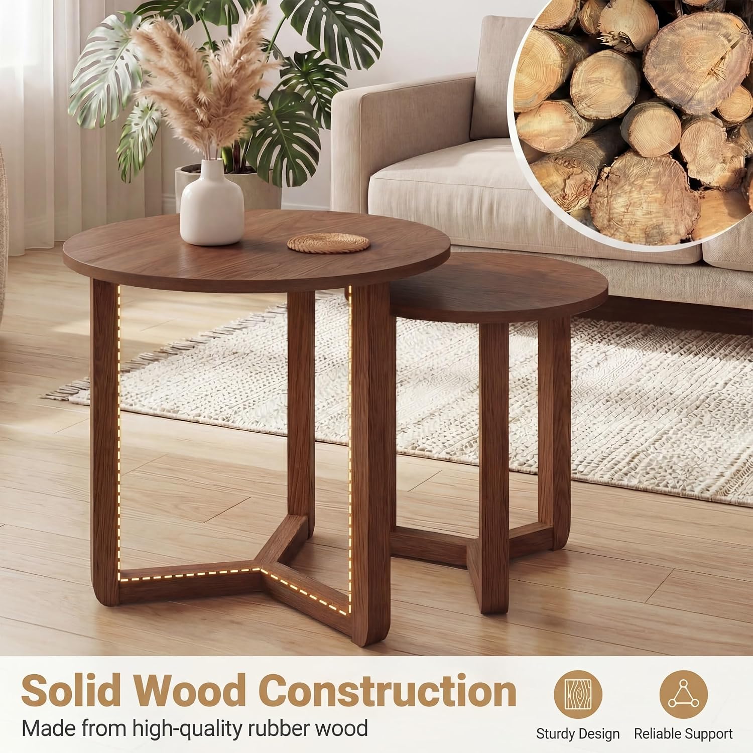 Tangkula Round Nesting Coffee Table Set of 2, Farmhouse End Tables with Solid Rubber Wood Tripod Legs, Compact Sofa Side Tables for Living Room Bedroom Small Spaces (Walnut)