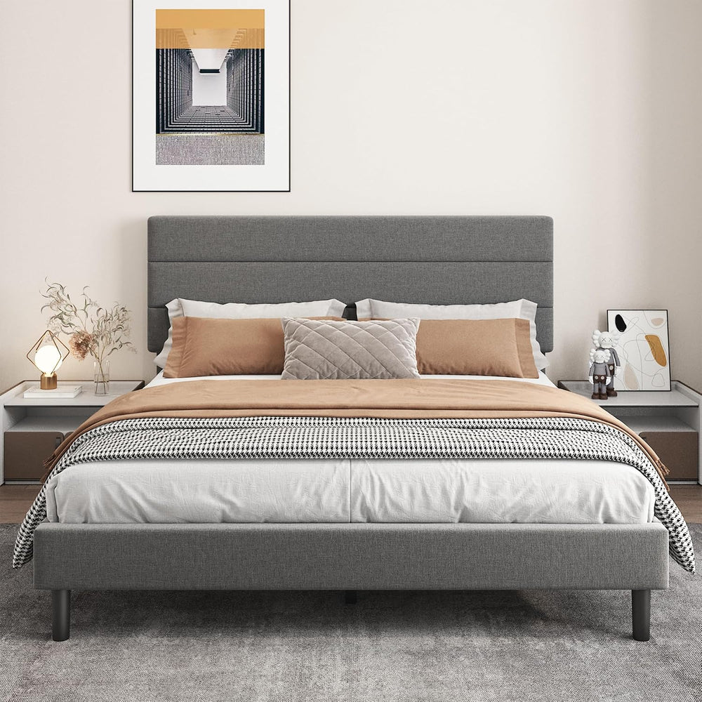 King Platform Bed Frame with Adjustable Linen Fabric Upholstered Headboard, S...