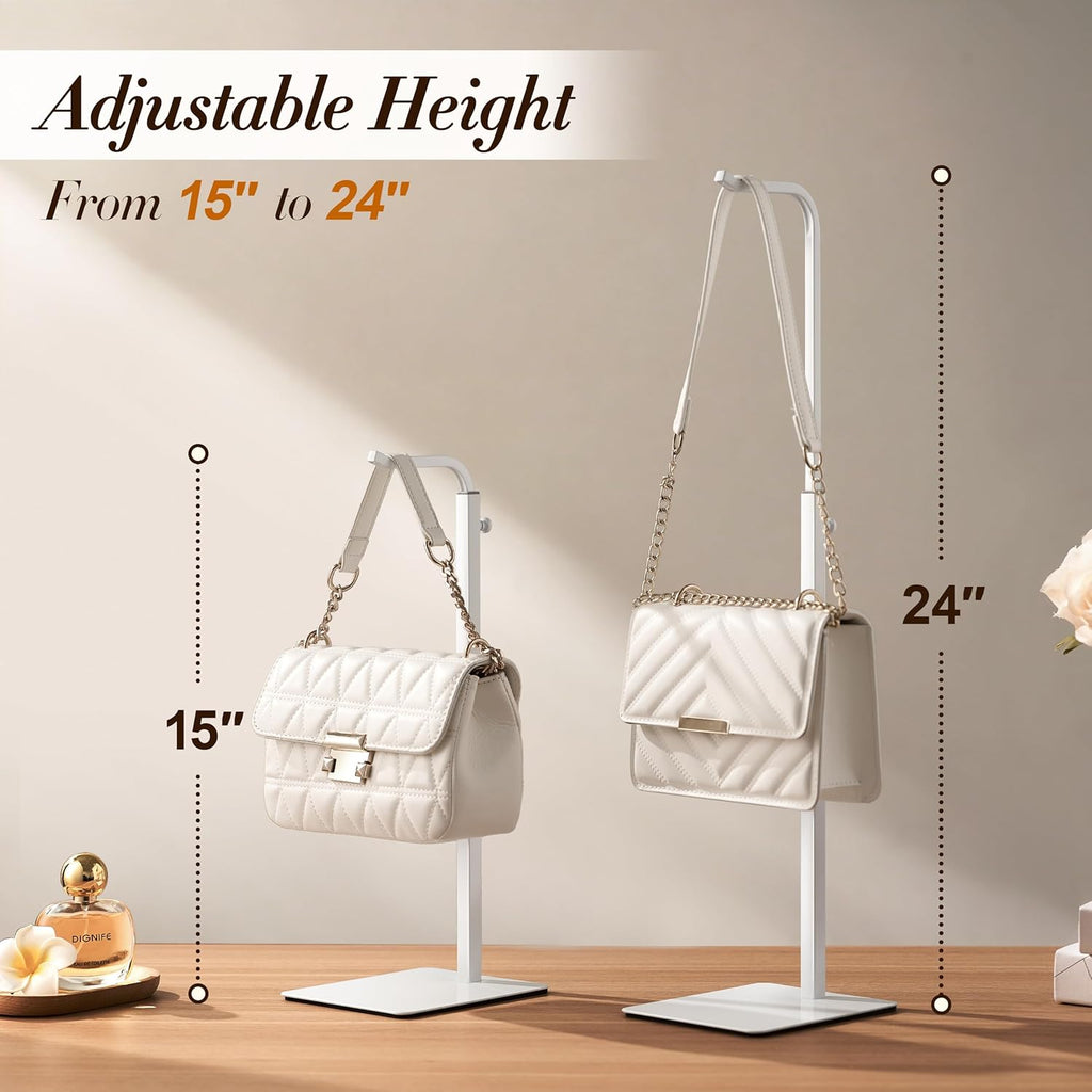 pickpiff 3 Pack Purse Holder Handbag Display Stand: White Hanger Rack for Bags, Purses, and Wreath, Adjustable Hook Stand for Tabletop, Closet, and Retail Use for Vendors