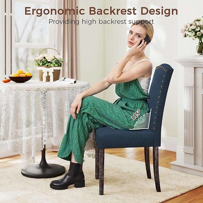 LSSPAID Dining Chairs Set of 2, Modern Comfy Linen Upholstered Parsons Dining Room Chairs with Bronze Nail Head Trim and Brushed Solid Wood Legs, Teal