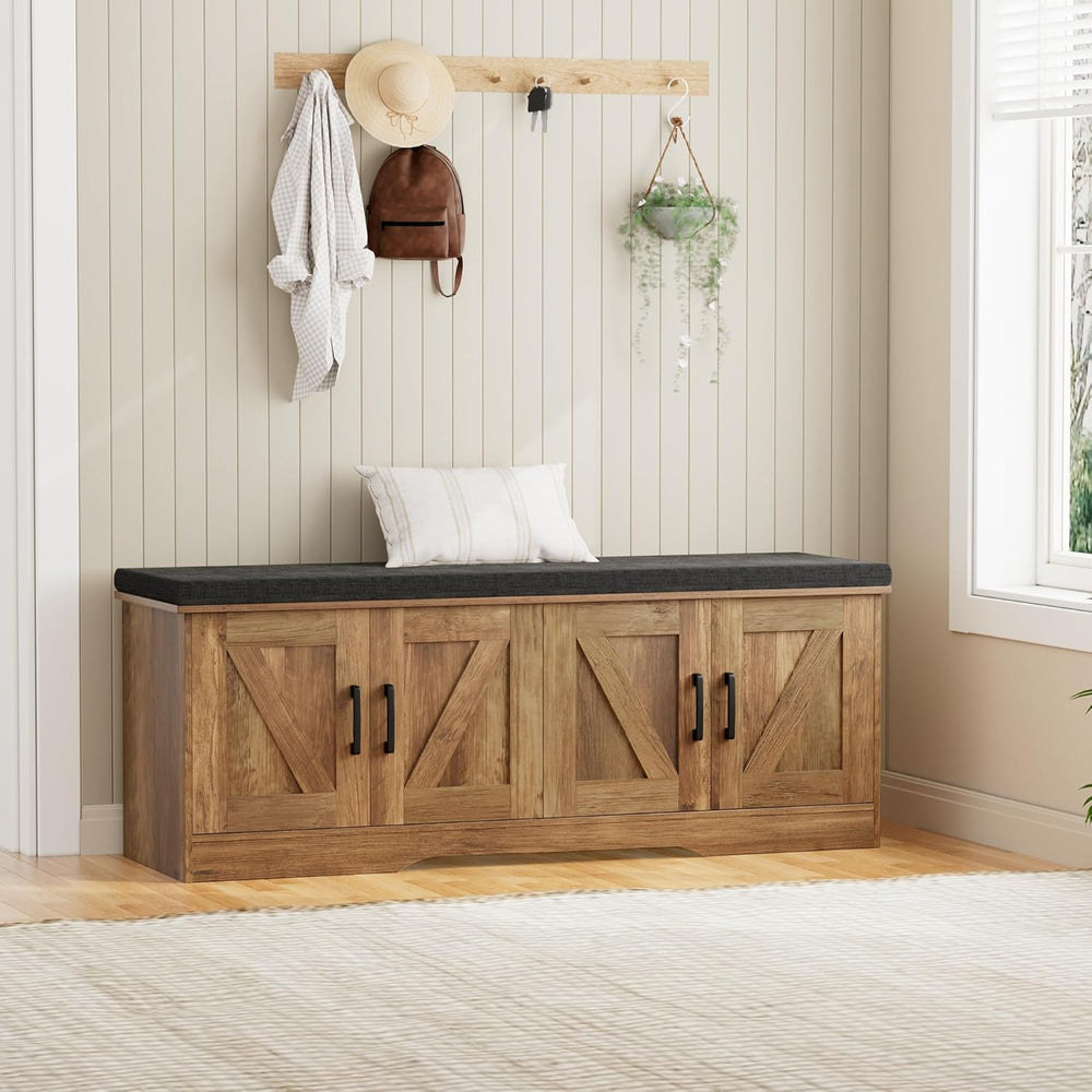 HOMSHO Farmhouse Shoe Storage Bench with 4 Barn Doors & Padded Seat Cushi...