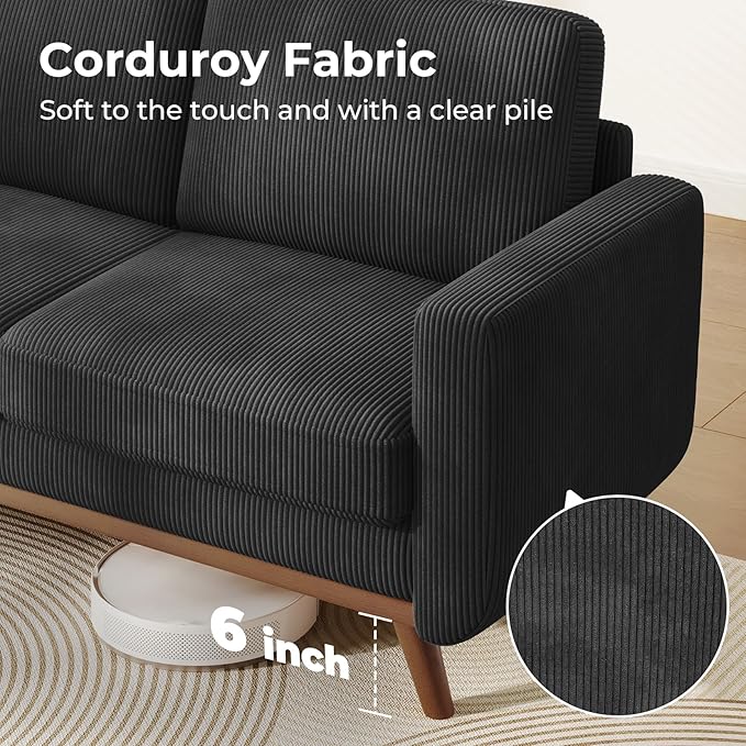 Vesgantti 68" Loveseat Sofa Black, Comfy Corduroy Couch with Spring Cushion and Solid Wood, Modern Extra Deep Seat for Bedroom, Living Room, Office