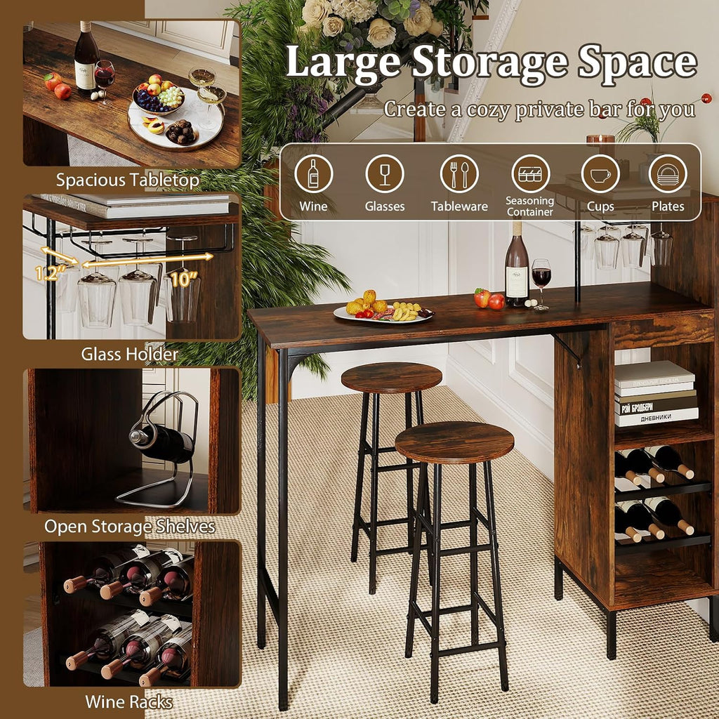 COSTWAY 3 Pieces Bar Table and Chair Set, Industrial Pub Table & Stools with Wine Glass Holders & 6-Bottle Wine Racks, Counter Height Dining Table Set for Living Room Dining Room Kitchen (Coffee)