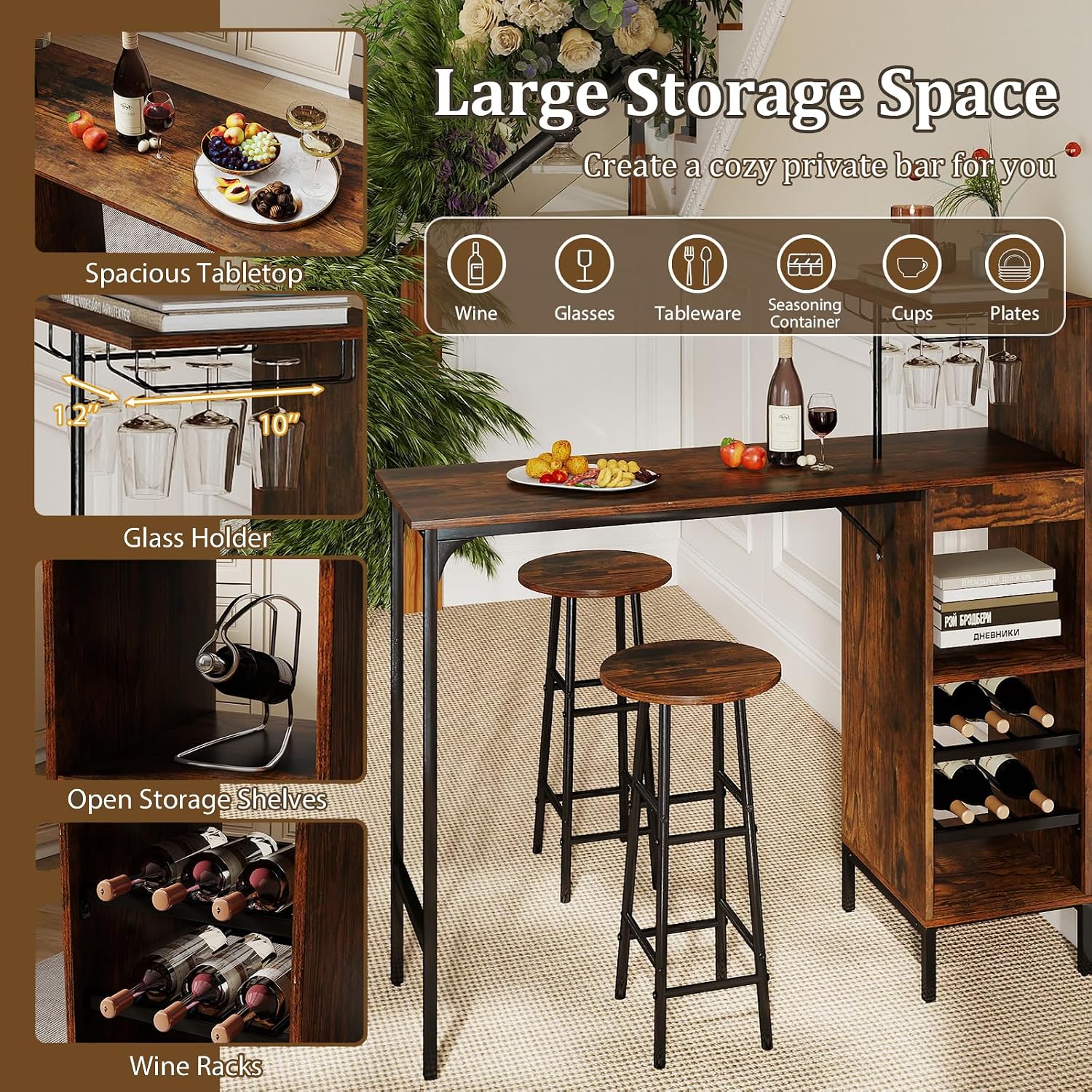 COSTWAY 3 Pieces Bar Table and Chair Set, Industrial Pub Table & Stools with Wine Glass Holders & 6-Bottle Wine Racks, Counter Height Dining Table Set for Living Room Dining Room Kitchen (Coffee)