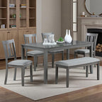 Dining Table Set for 6, 6-Piece Kitchen Table Chairs Set with Rectangular Table, 4 Slatted Upholstered Chairs and Bench, Wooden Farmhouse Rustic Style Kitchen Dining Set for 6 Person, Gray