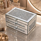 Mirrored Jewelry Box for Women,2-Layer Glass Jewelry Organizer with Lid & 1 Drawer, Silver Crushed Diamond Home Decor, Gift Idea for Her (9.3" L x 6.3" W x 5.1" H)