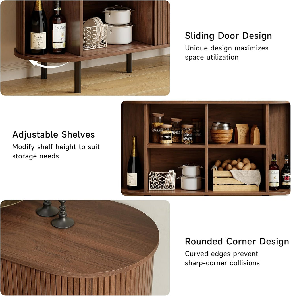 Buffet Sideboard Cabinet with Storage, 48" Fluted Cabinet with Sliding Door & Adjustable Shelf, Modern Accent Coffee Bar Console Table for Kitchen, Entryway, Walnut