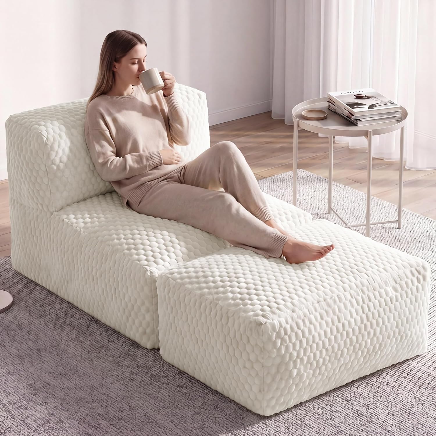 Unique Tortoise Pattern Soft Fabric Oversized Bean Bag Lounger Chair, 3-in-1 Sofa with Ottoman, Advanced Memory Foam, No Assembly for Living Room, Dorm, Bedroom(Beige)