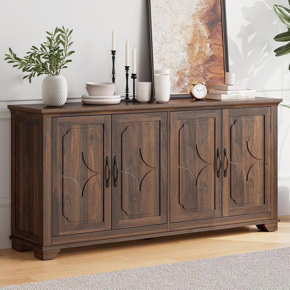ONBRILL 63 Inch Buffet Cabinet with Storage, 4 Carved Doors, Brown