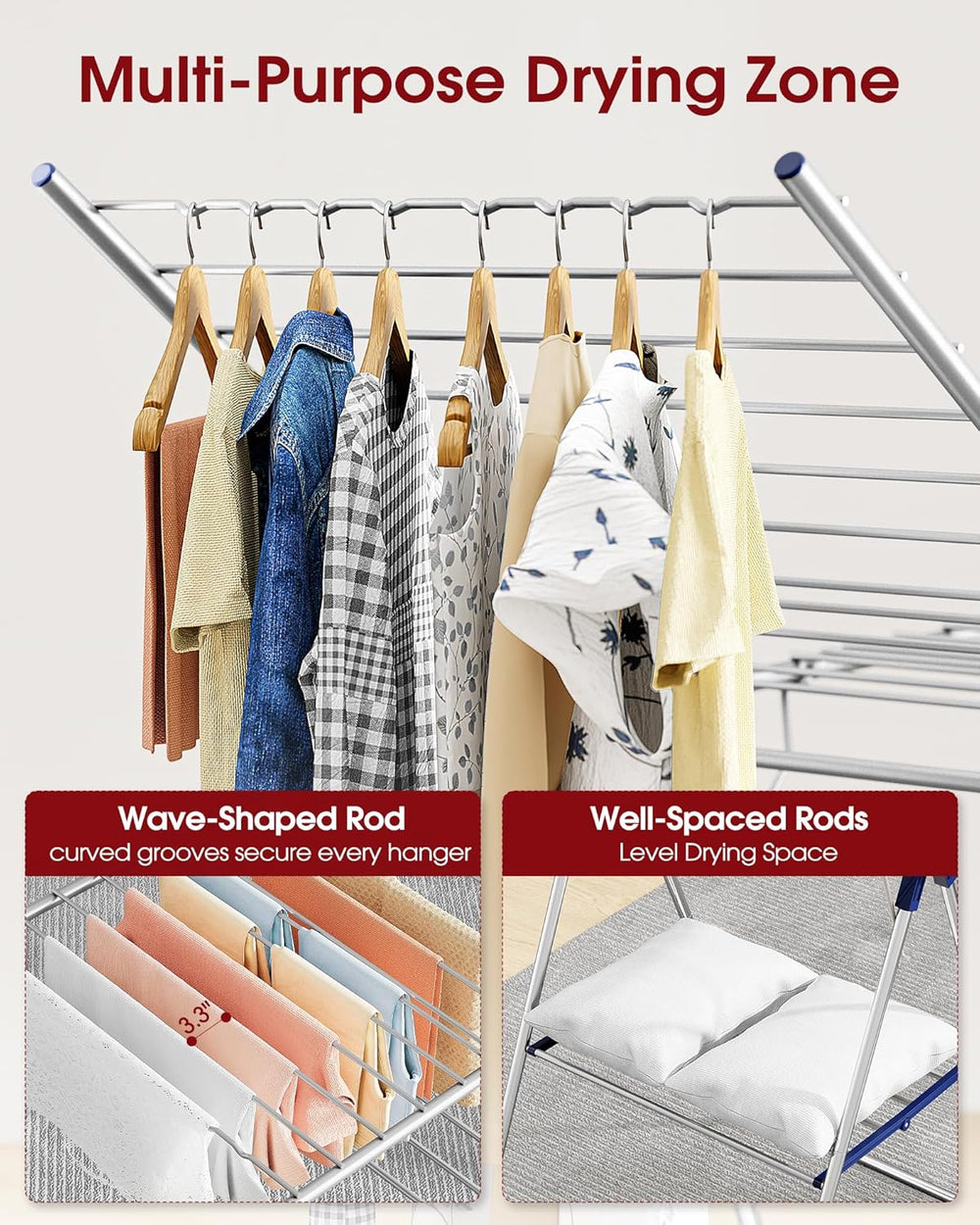 Sakugi Clothes Drying Rack with Height-Adjustable Wings, Metal Foldable Laund...