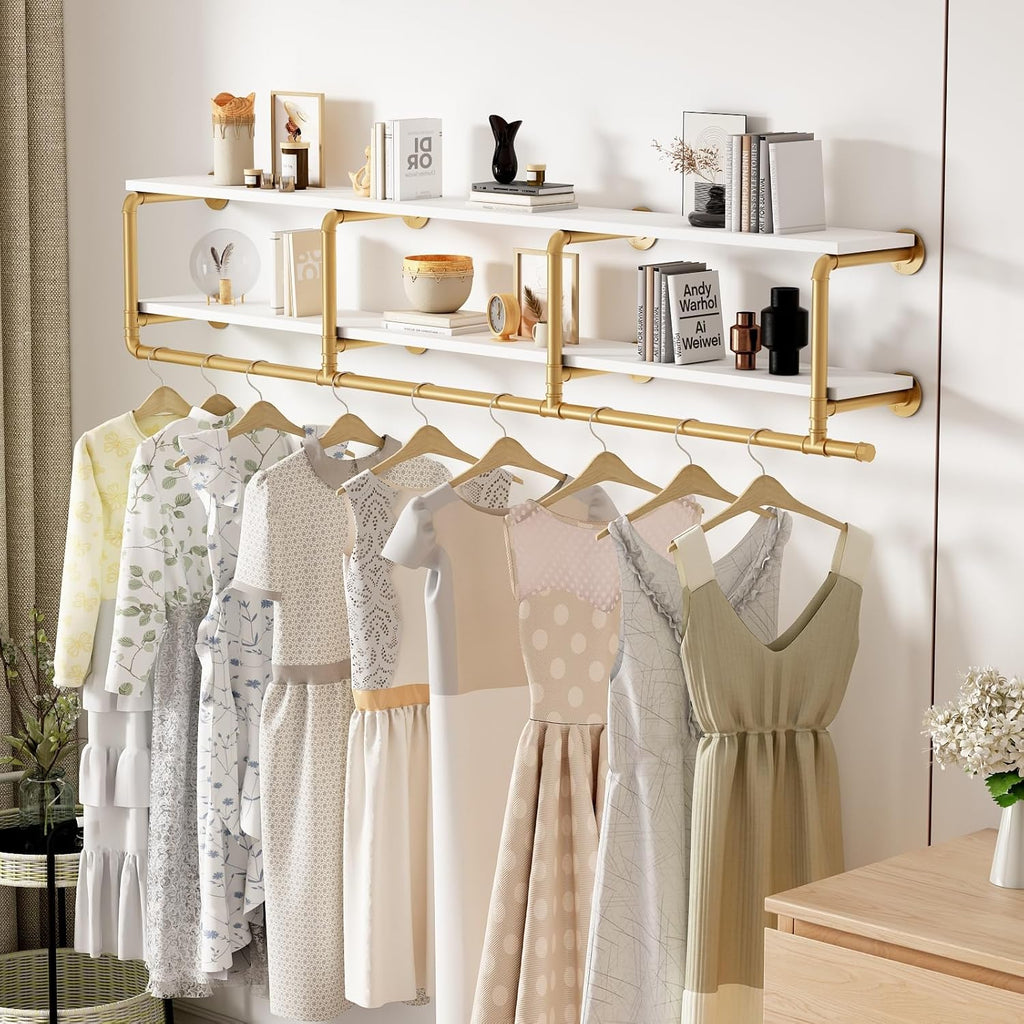 ORSENIGO Industrial Pipe Clothing Rack with Shelves, Gold Wall Mounted Clothes Rack for Home Retail